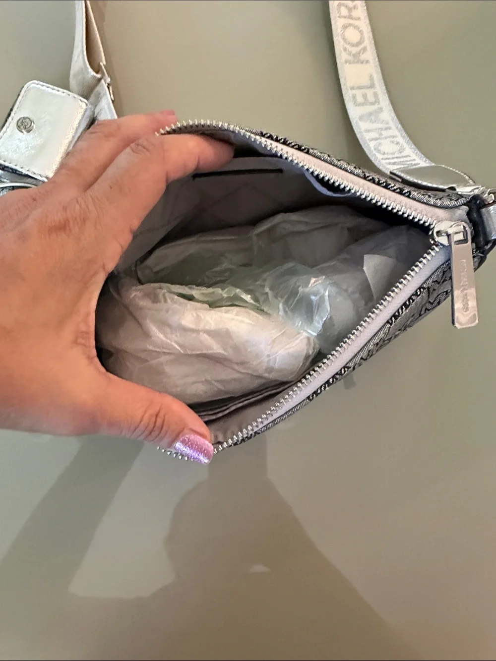 Michael Kors Silver Monogram Crossbody Bag with Coin Pouch FREE BELT
